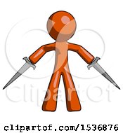 Orange Design Mascot Man Two Sword Defense Pose
