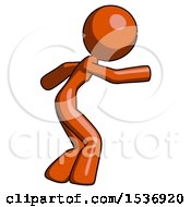 Orange Design Mascot Woman Sneaking While Reaching For Something