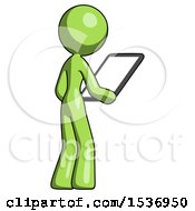 Poster, Art Print Of Green Design Mascot Woman Looking At Tablet Device Computer Facing Away