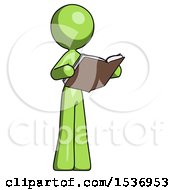 Poster, Art Print Of Green Design Mascot Woman Reading Book While Standing Up Facing Away