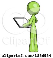 Poster, Art Print Of Green Design Mascot Woman Looking At Tablet Device Computer With Back To Viewer