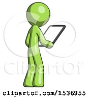 Poster, Art Print Of Green Design Mascot Man Looking At Tablet Device Computer Facing Away