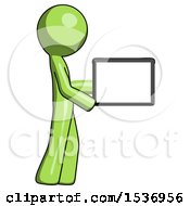 Poster, Art Print Of Green Design Mascot Man Show Tablet Device Computer To Viewer Blank Area
