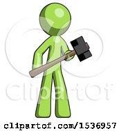 Green Design Mascot Man With Sledgehammer Standing Ready To Work Or Defend