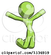 Poster, Art Print Of Green Design Mascot Woman Jumping Or Kneeling With Gladness