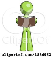 Poster, Art Print Of Green Design Mascot Woman Reading Book While Standing Up Facing Viewer
