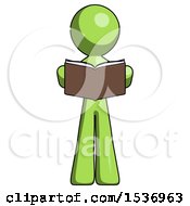 Poster, Art Print Of Green Design Mascot Man Reading Book While Standing Up Facing Viewer