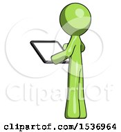Poster, Art Print Of Green Design Mascot Man Looking At Tablet Device Computer With Back To Viewer