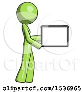 Poster, Art Print Of Green Design Mascot Woman Show Tablet Device Computer To Viewer Blank Area