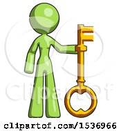Green Design Mascot Woman Holding Key Made Of Gold