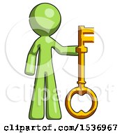 Green Design Mascot Man Holding Key Made Of Gold