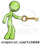 Poster, Art Print Of Green Design Mascot Woman With Big Key Of Gold Opening Something