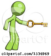 Green Design Mascot Man With Big Key Of Gold Opening Something
