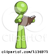 Green Design Mascot Man Reading Book While Standing Up Facing Away