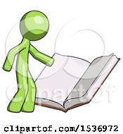 Poster, Art Print Of Green Design Mascot Man Reading Big Book While Standing Beside It