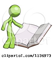 Poster, Art Print Of Green Design Mascot Woman Reading Big Book While Standing Beside It