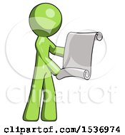 Poster, Art Print Of Green Design Mascot Man Holding Blueprints Or Scroll