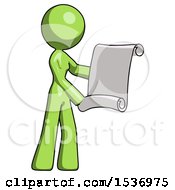 Poster, Art Print Of Green Design Mascot Woman Holding Blueprints Or Scroll