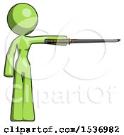 Poster, Art Print Of Green Design Mascot Woman Standing With Ninja Sword Katana Pointing Right