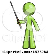 Poster, Art Print Of Green Design Mascot Man Standing Up With Ninja Sword Katana