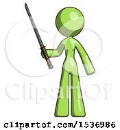 Poster, Art Print Of Green Design Mascot Woman Standing Up With Ninja Sword Katana