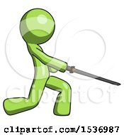 Poster, Art Print Of Green Design Mascot Man With Ninja Sword Katana Slicing Or Striking Something