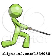 Poster, Art Print Of Green Design Mascot Woman With Ninja Sword Katana Slicing Or Striking Something