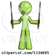 Poster, Art Print Of Green Design Mascot Man Posing With Two Ninja Sword Katanas Up
