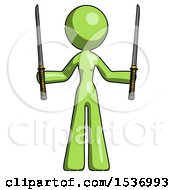Poster, Art Print Of Green Design Mascot Woman Posing With Two Ninja Sword Katanas Up