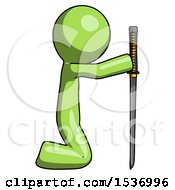 Poster, Art Print Of Green Design Mascot Man Kneeling With Ninja Sword Katana Showing Respect