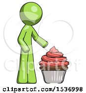 Poster, Art Print Of Green Design Mascot Man With Giant Cupcake Dessert