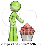 Green Design Mascot Woman With Giant Cupcake Dessert
