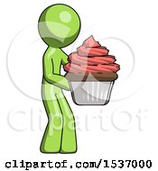 Green Design Mascot Man Holding Large Cupcake Ready To Eat Or Serve