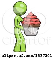 Poster, Art Print Of Green Design Mascot Woman Holding Large Cupcake Ready To Eat Or Serve