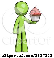 Poster, Art Print Of Green Design Mascot Man Presenting Pink Cupcake To Viewer