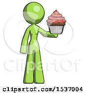 Poster, Art Print Of Green Design Mascot Woman Presenting Pink Cupcake To Viewer
