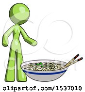 Poster, Art Print Of Green Design Mascot Woman And Noodle Bowl Giant Soup Restaraunt Concept