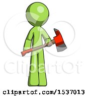 Poster, Art Print Of Green Design Mascot Man Holding Red Fire Fighters Ax