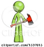 Poster, Art Print Of Green Design Mascot Woman Holding Red Fire Fighters Ax