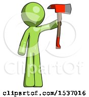 Poster, Art Print Of Green Design Mascot Man Holding Up Red Firefighters Ax