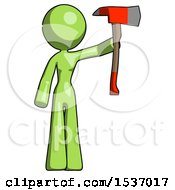 Poster, Art Print Of Green Design Mascot Woman Holding Up Red Firefighters Ax