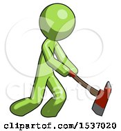 Poster, Art Print Of Green Design Mascot Man Striking With A Red Firefighters Ax
