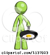 Poster, Art Print Of Green Design Mascot Woman Frying Egg In Pan Or Wok