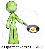 Poster, Art Print Of Green Design Mascot Woman Frying Egg In Pan Or Wok Facing Right