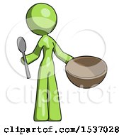 Poster, Art Print Of Green Design Mascot Woman With Empty Bowl And Spoon Ready To Make Something