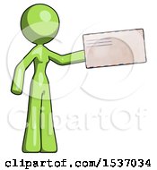 Poster, Art Print Of Green Design Mascot Woman Holding Large Envelope