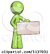 Poster, Art Print Of Green Design Mascot Man Presenting Large Envelope