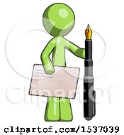 Poster, Art Print Of Green Design Mascot Man Holding Large Envelope And Calligraphy Pen