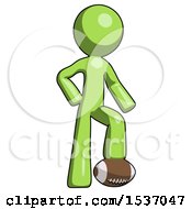 Poster, Art Print Of Green Design Mascot Man Standing With Foot On Football
