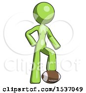 Poster, Art Print Of Green Design Mascot Woman Standing With Foot On Football